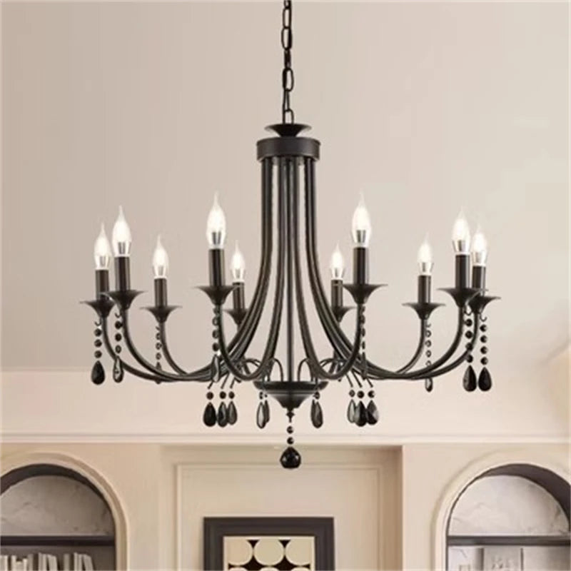 New Wrought Iron Crystal Chandelier European Classic Black Candle Lamp