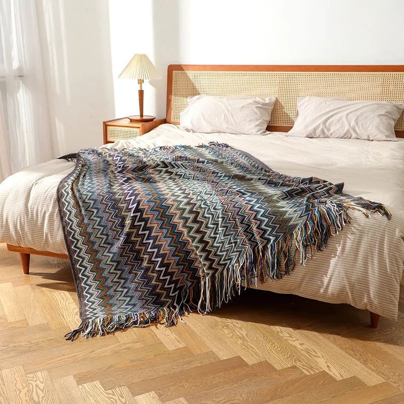 Boho Striped Knit Throw Blanket