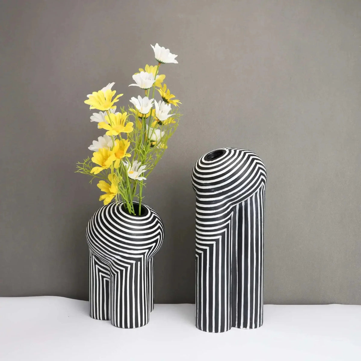 Black and White Striped Resin Vase, Abstract Sculptural