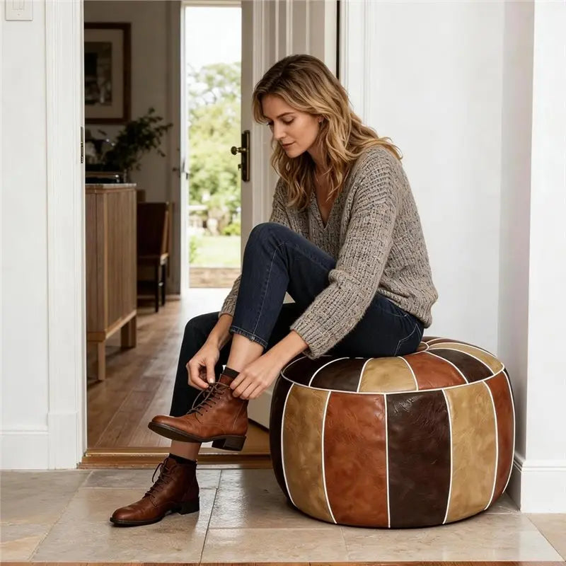 A76X-Unstuffed Faux Leather Moroccan Storage Pouf Foot Stool Ottoman Seat Handmade Bean Bag Floor Chair Foot Rest
