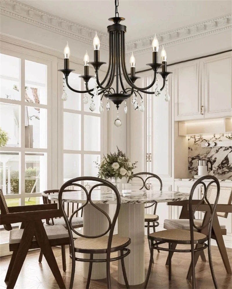 New Wrought Iron Crystal Chandelier European Classic Black Candle Lamp