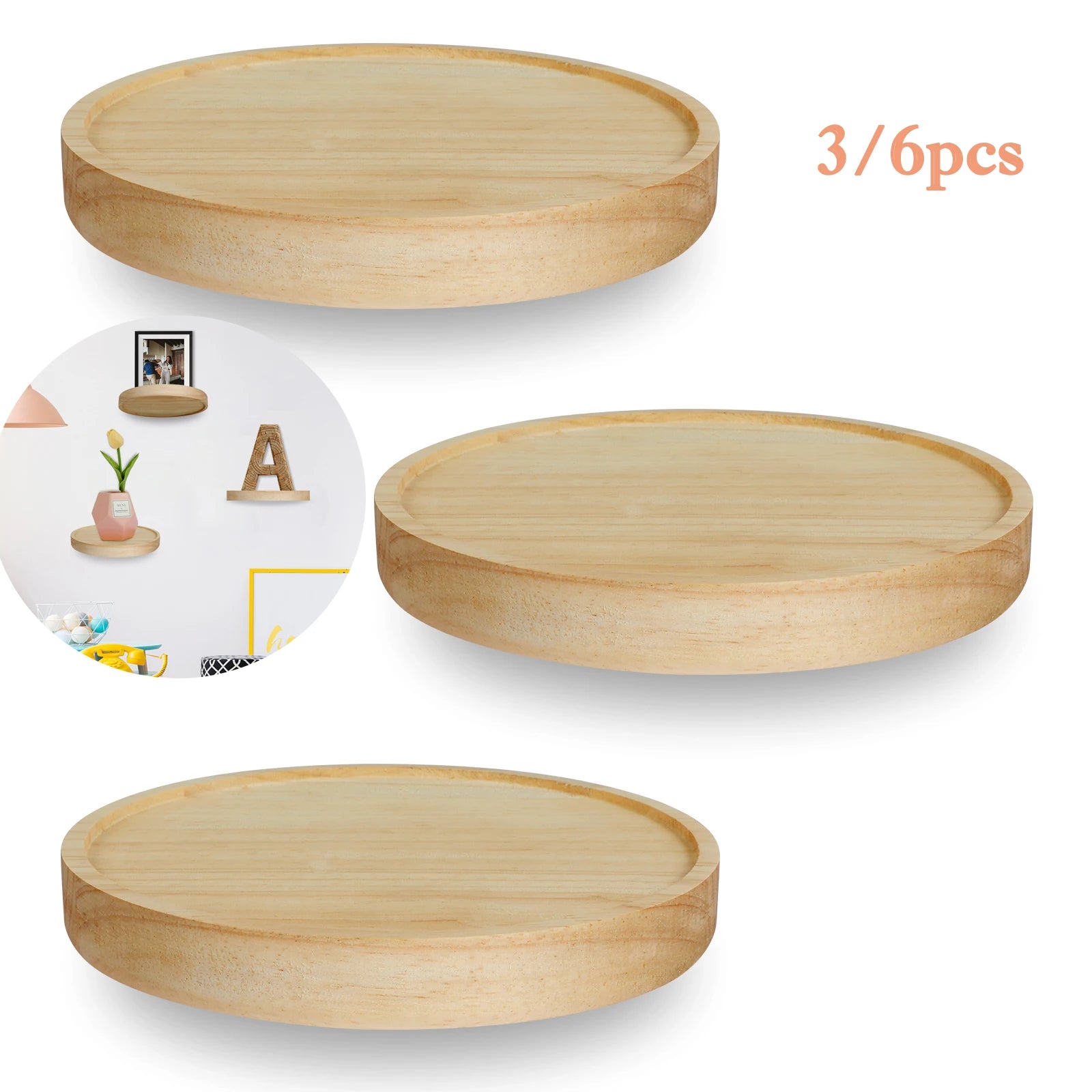 Round Oak Wall Shelves, Set of 3 or 6