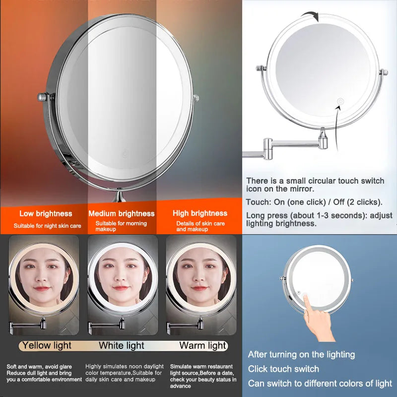 Golden Wall Mounted Folding Vanity Mirror, Double Sided with Fill Light