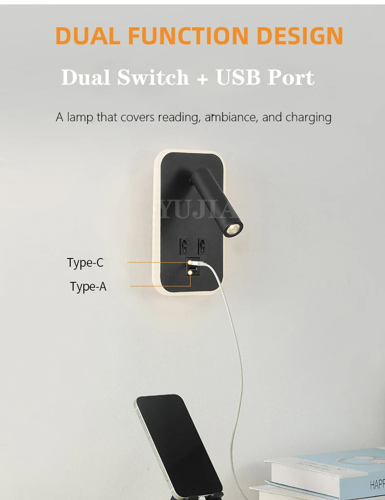 Modern Led Wall Sconce Reading Light 2 Switches Type-A & Type-C USB