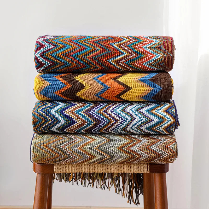 Boho Striped Knit Throw Blanket