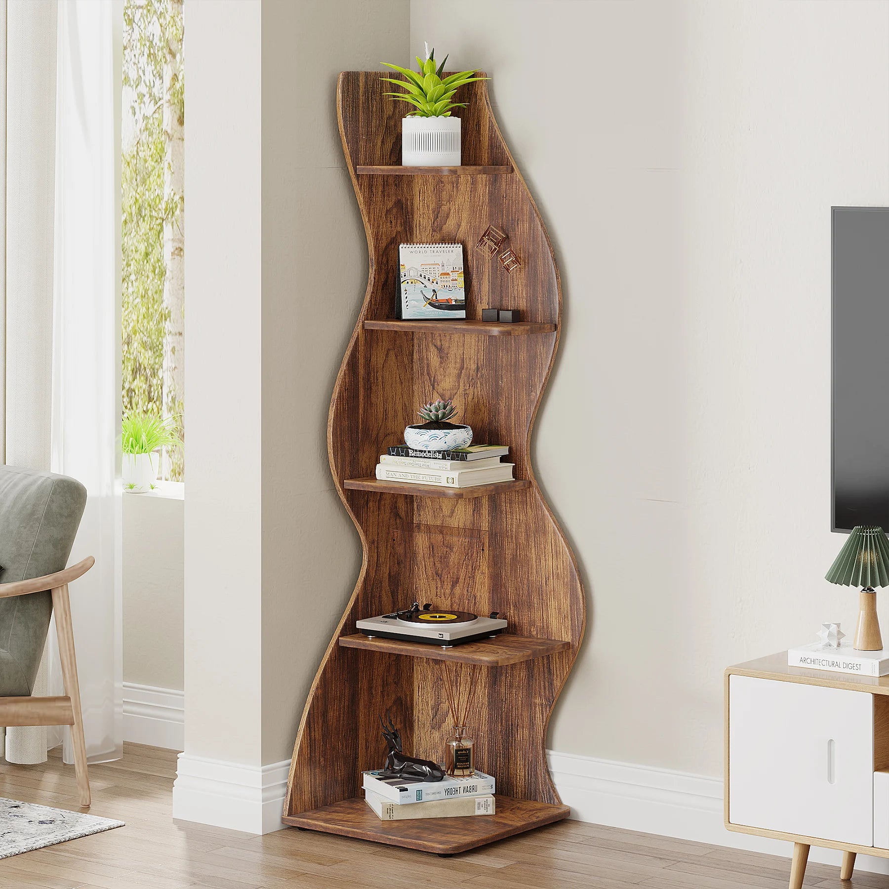 Five Tier Wavy Corner Bookshelf