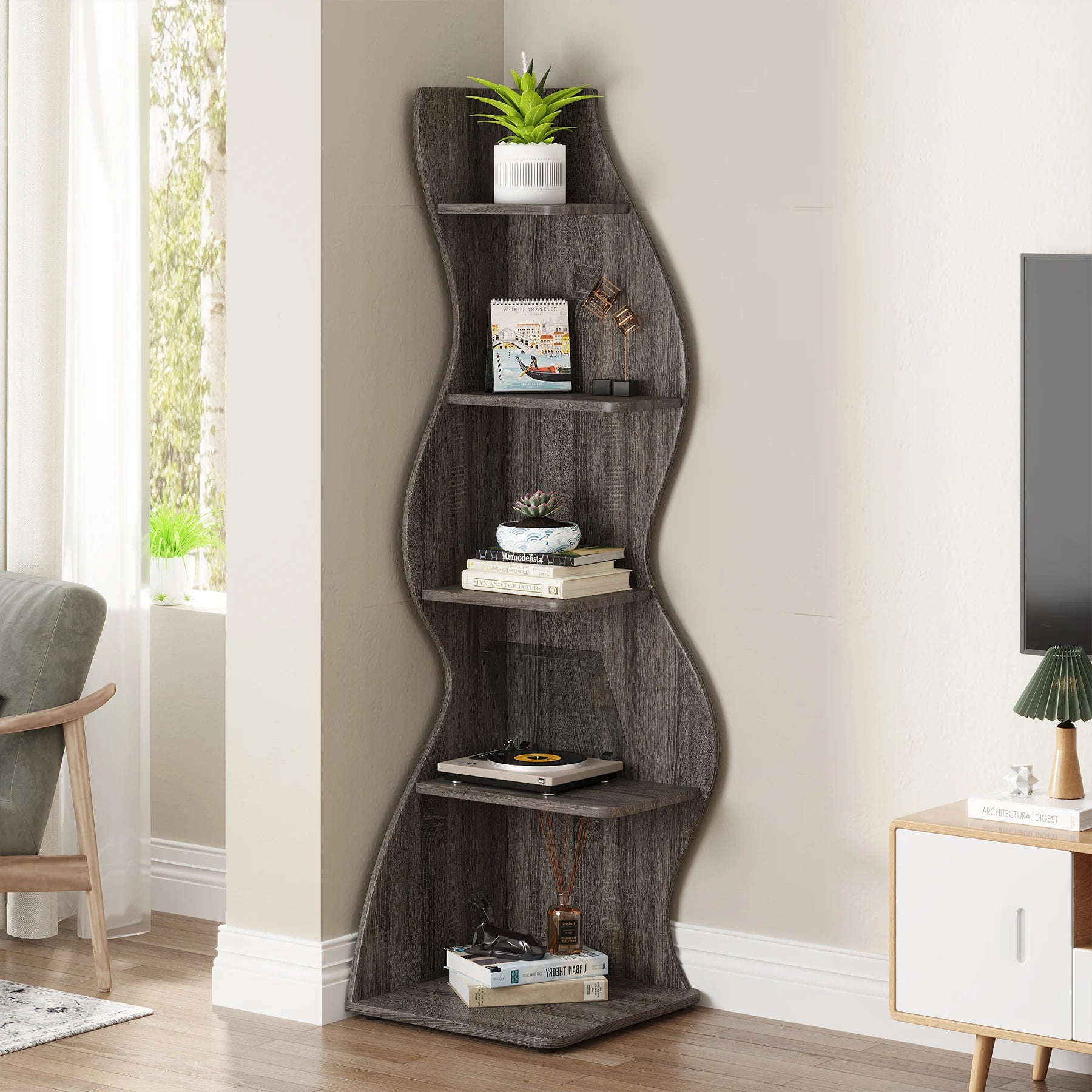 Five Tier Wavy Corner Bookshelf