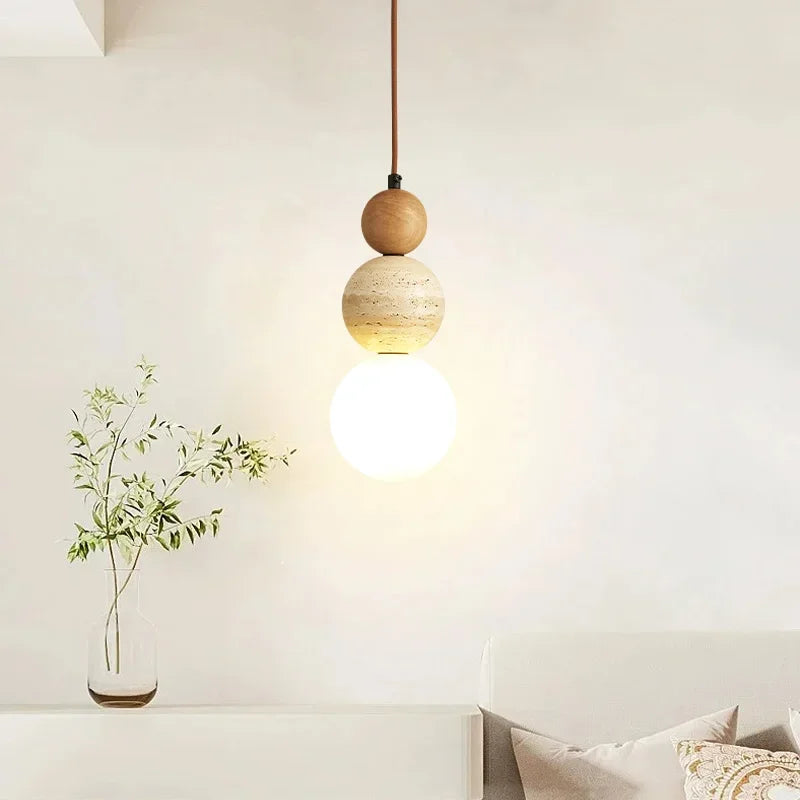 Stone and Wood LED Pendant Light, Bauhaus Bedside Chandelier