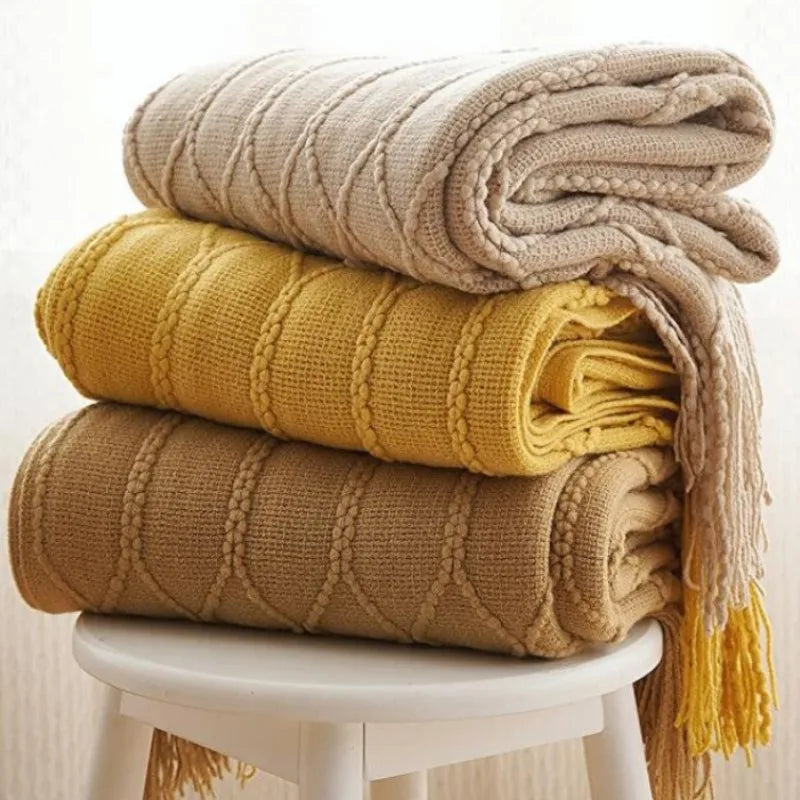 Khaki Gift Knitted Blanket with Tassels Chunky Vintage Luxury
