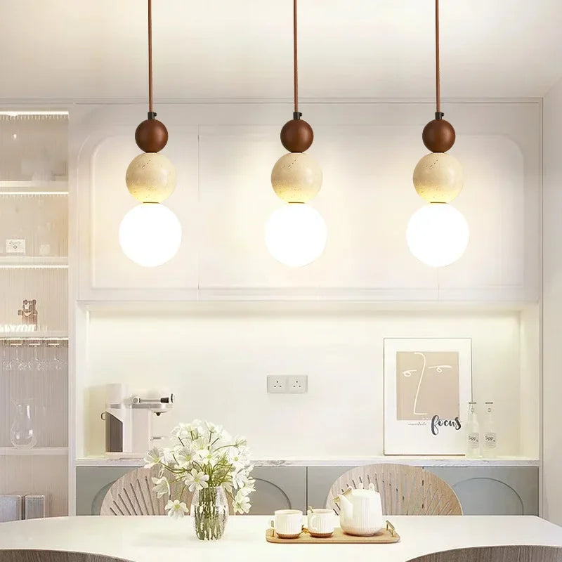 Stone and Wood LED Pendant Light, Bauhaus Bedside Chandelier
