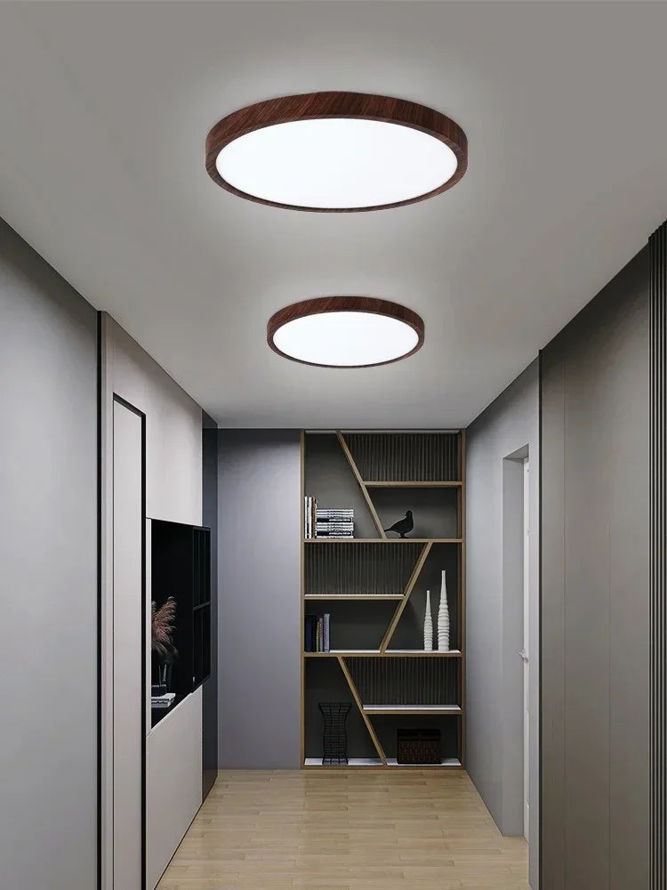 Modern LED Ceiling Light Circular Ultrathin Wood Grain Walnut