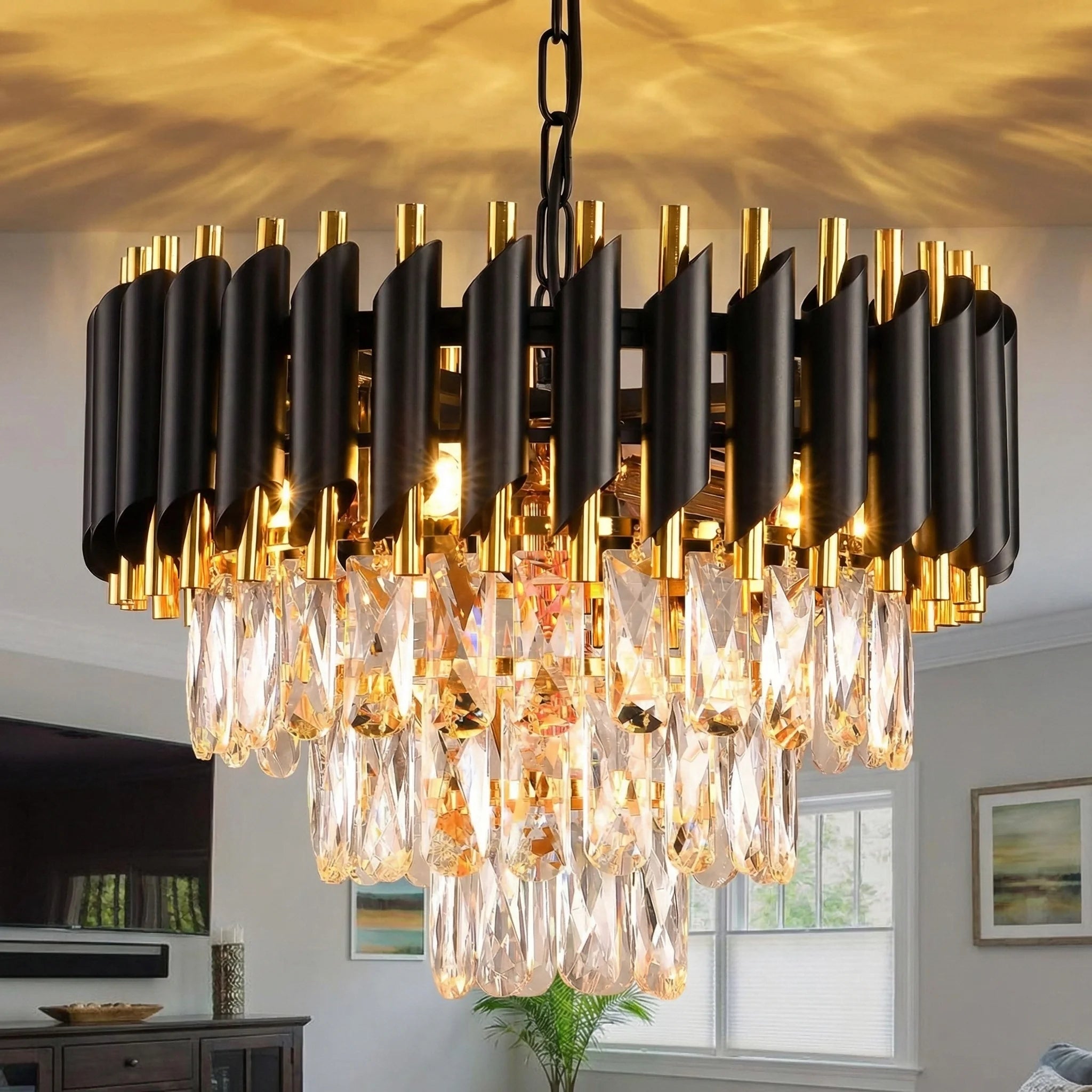 Modern Black and Gold Crystal Chandelier, Adjustable Chain Hanging