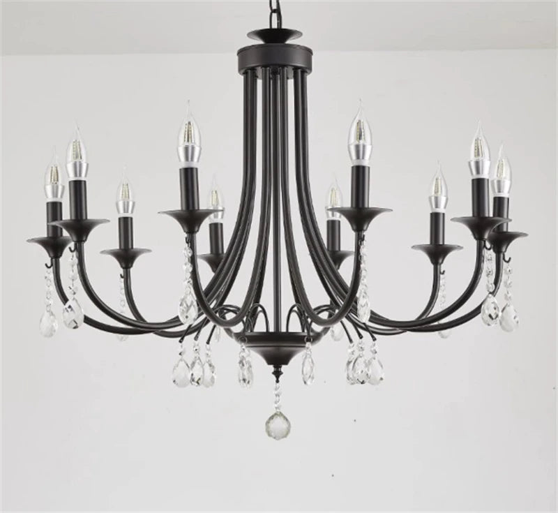 New Wrought Iron Crystal Chandelier European Classic Black Candle Lamp