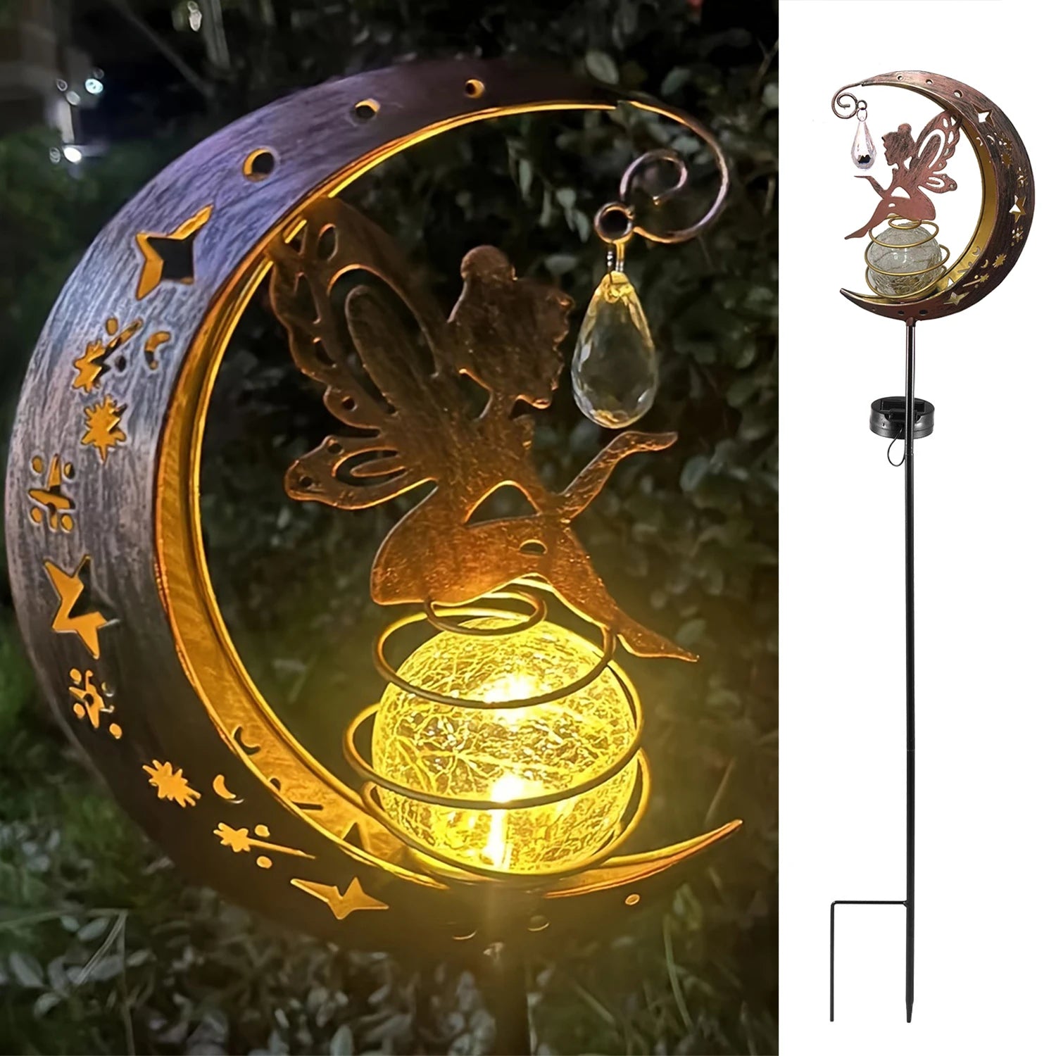1pc Moon-Shaped Solar-Powered Metal Fairy Lantern - Waterproof LED