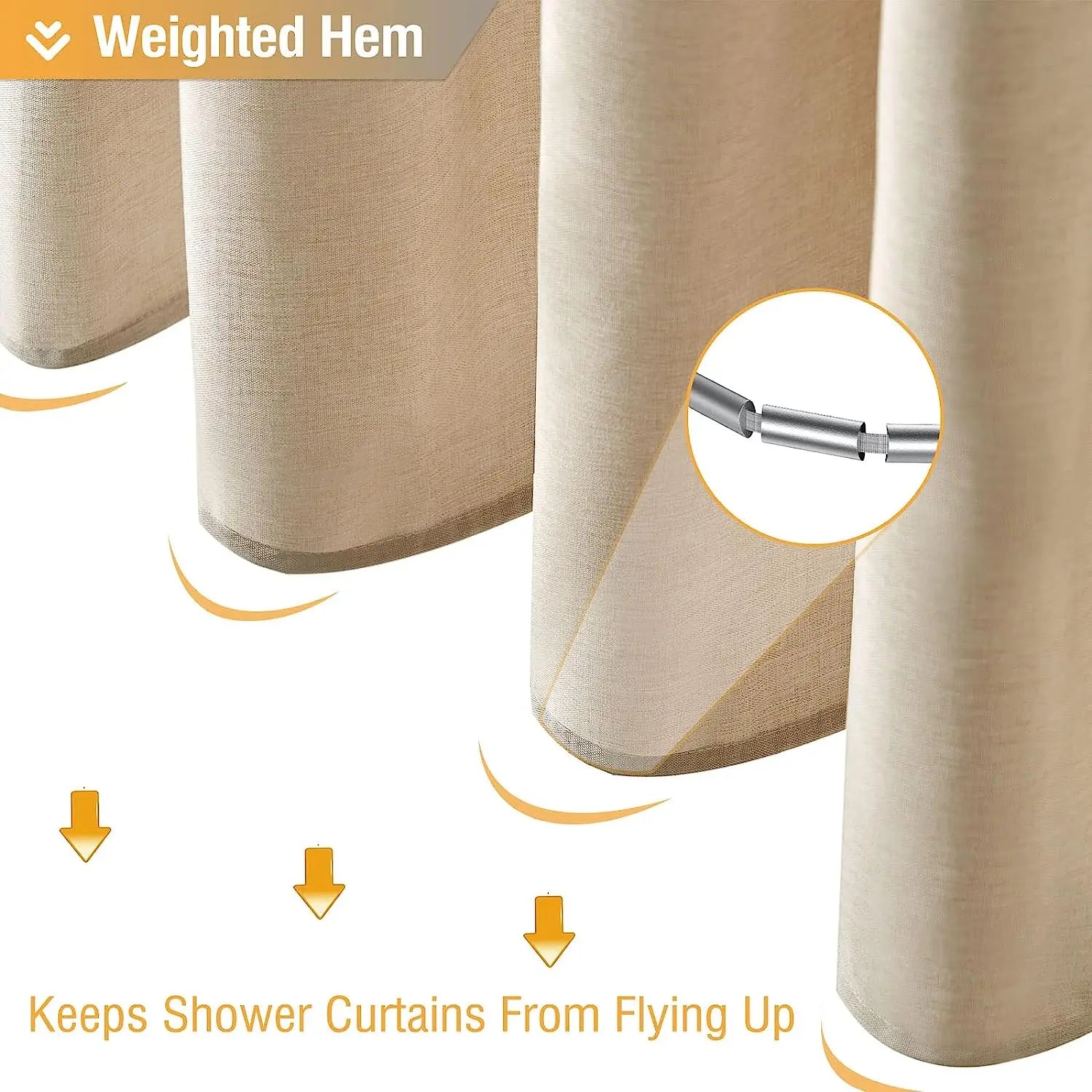 Luxury Linen Shower Curtain with Silver Metal Hooks Bathroom Waterproof