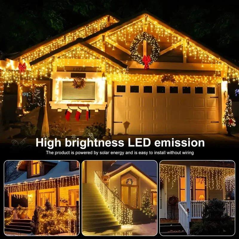 NEW Solar Christmas Icicle Lights 162 LED 8 Modes Waterproof Curtain String Lights for Outdoor Garden Room Holiday Lighting