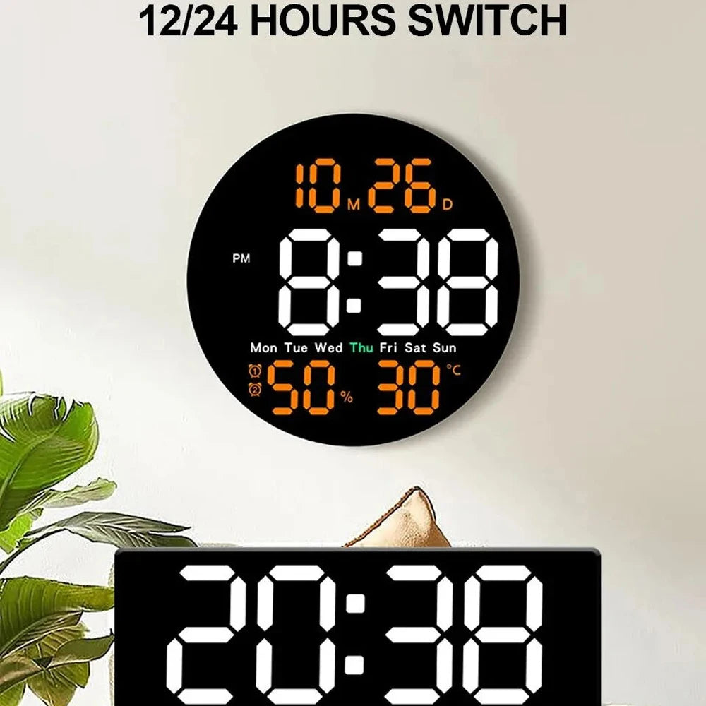 Remote Control LED Wall Clock Dual Alarms Calendar Temperature Display