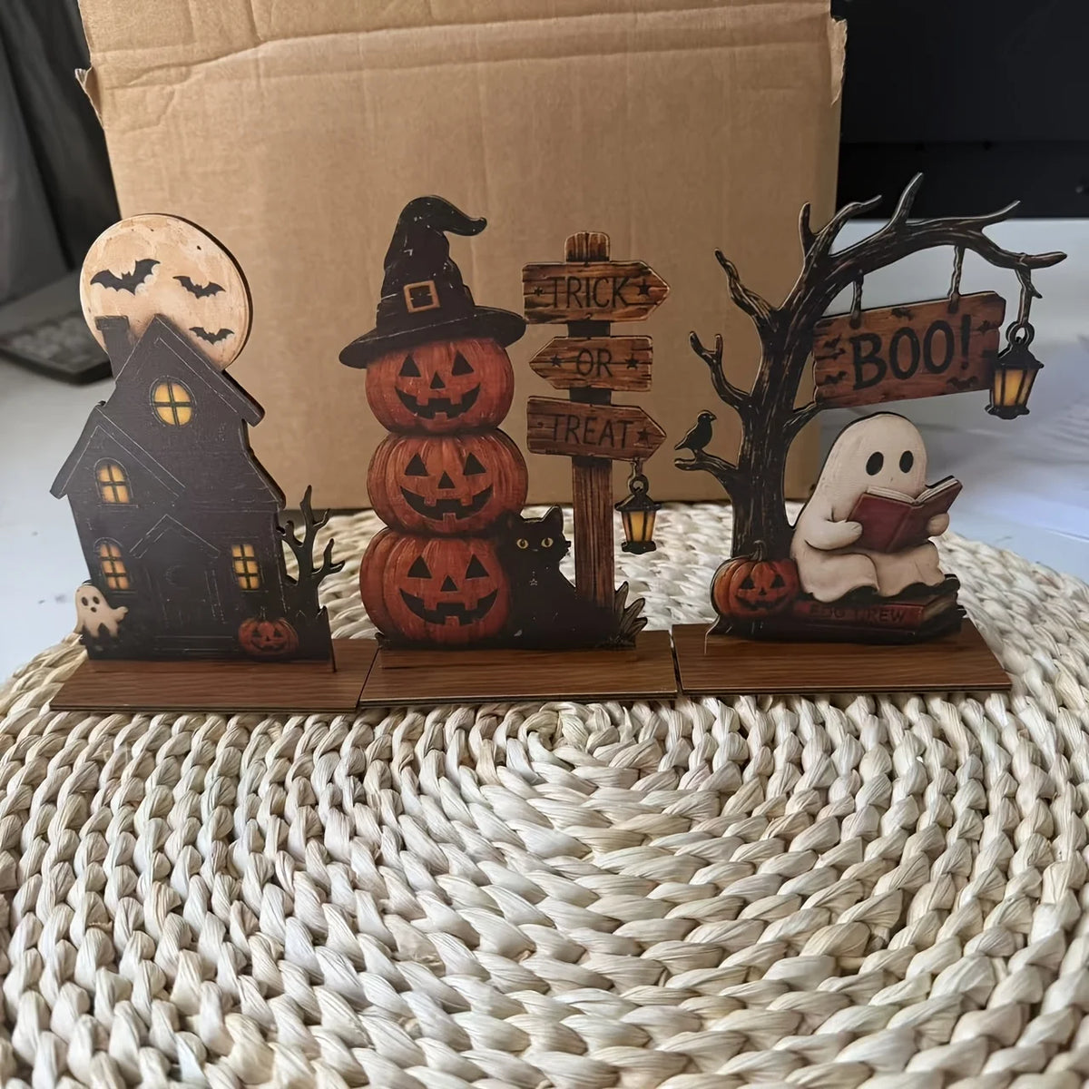 Retro Wooden Ghost, Cat and Pumpkin Blocks