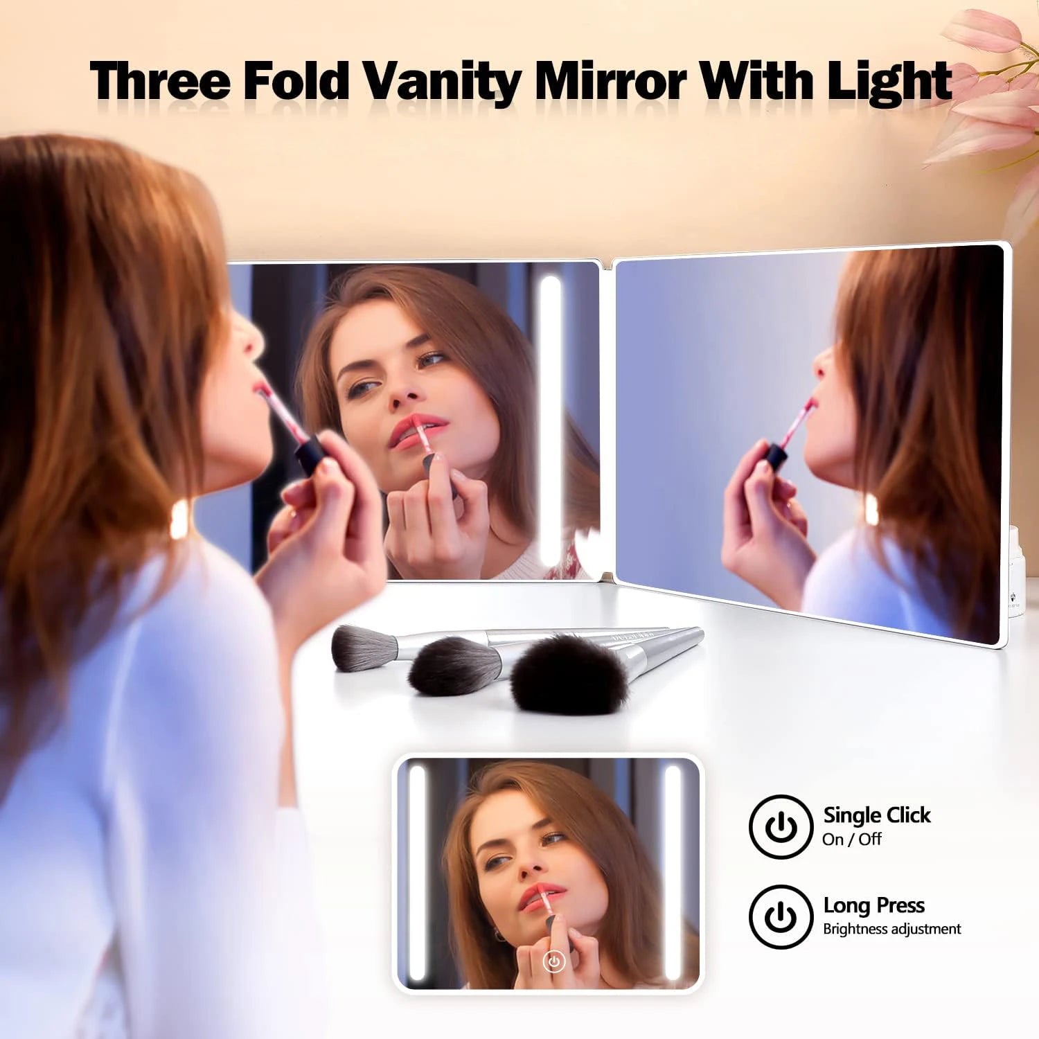 3 Way LED Makeup Mirror for Self Hair Cutting, Rechargeable