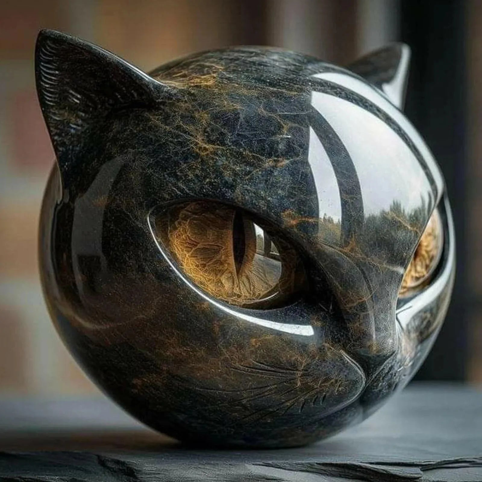 Decorative Black Cat Stone Figurine Resin Cat Head Healing Stone Marble