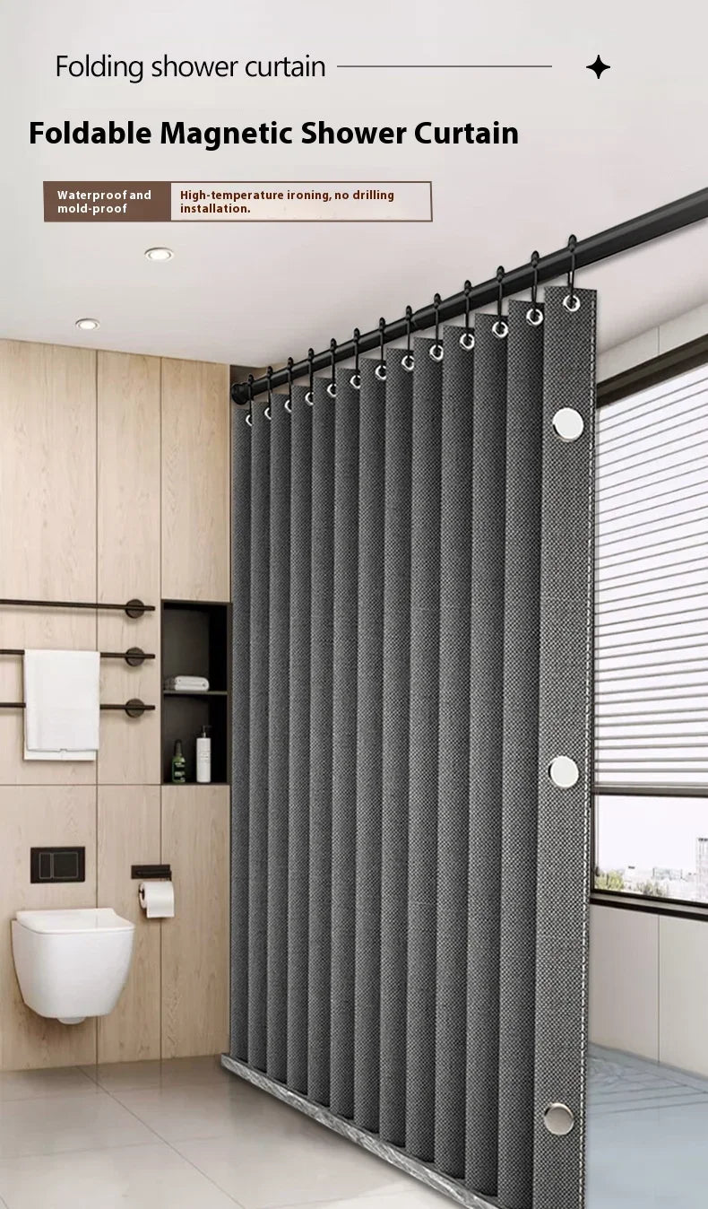 Magnetic Foldable Linen Bath Curtain Waterproof