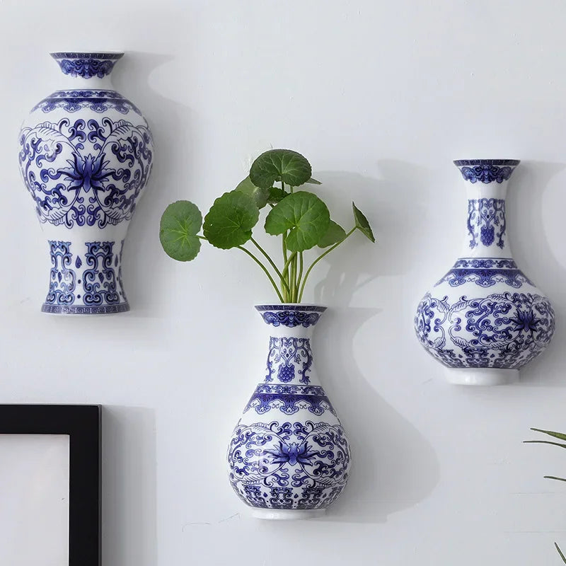Ceramic vase, antique blue and white porcelain flower container