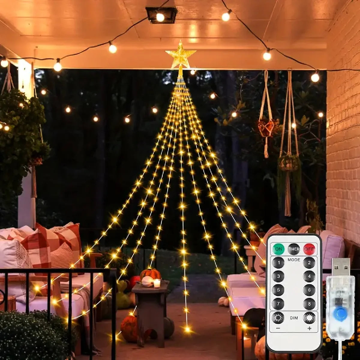 1PC Five-pointed Star Waterfall Lights USB/Solar Powered Christmas String Lights for Christmas Party Halloween Home Decor