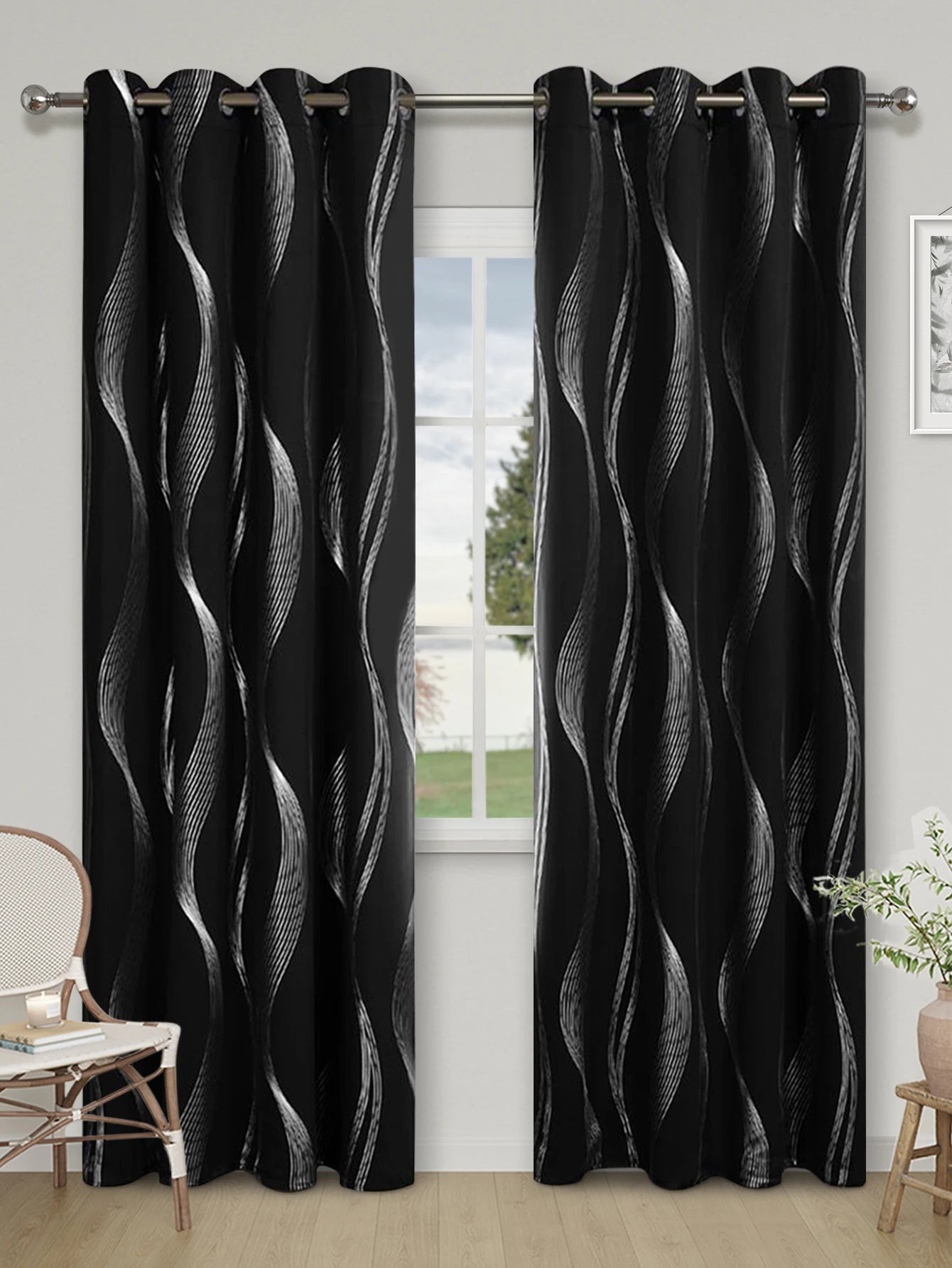 1pc High Precision Silver Embossed Wave Pattern Blackout Curtains