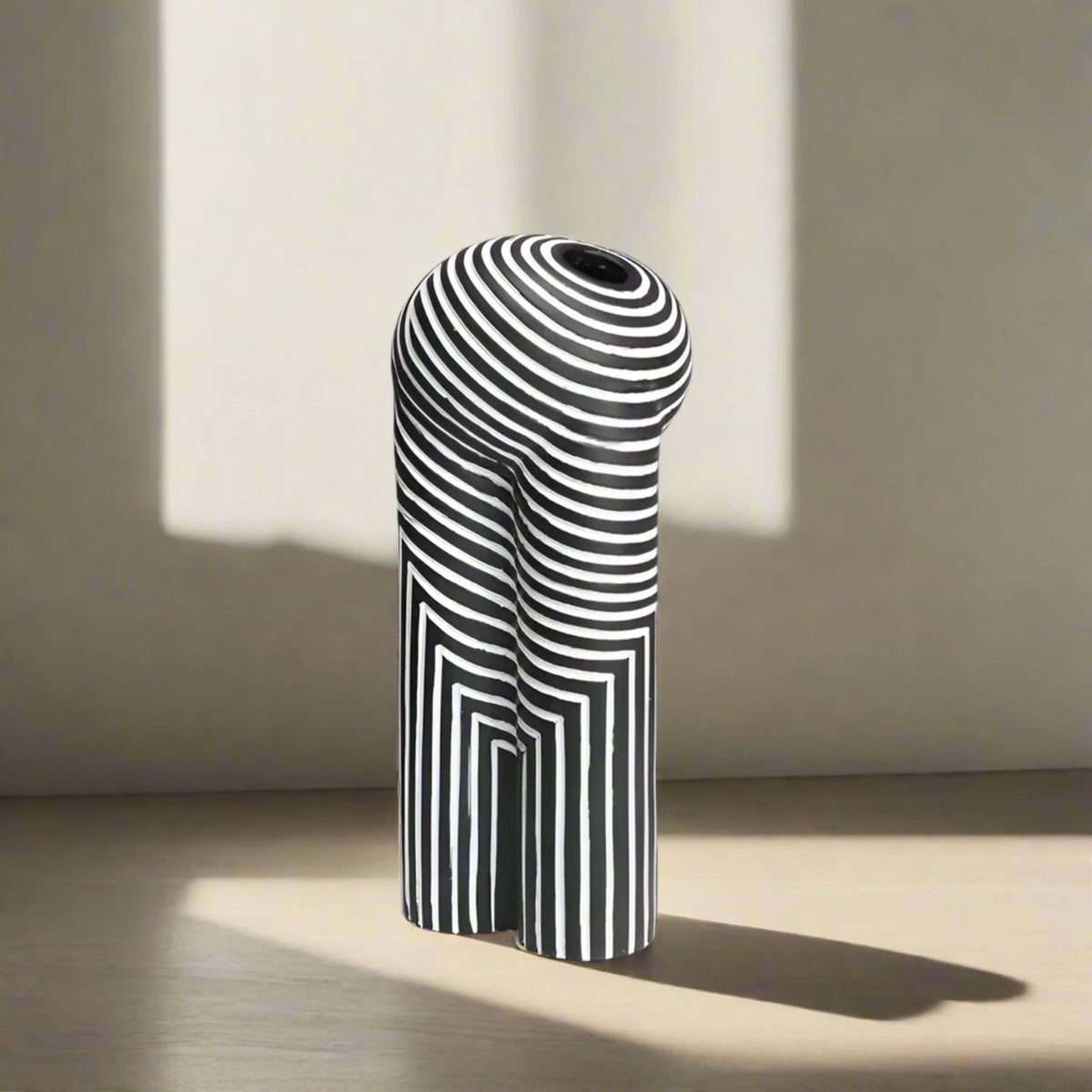 Black and White Striped Resin Vase, Abstract Sculptural