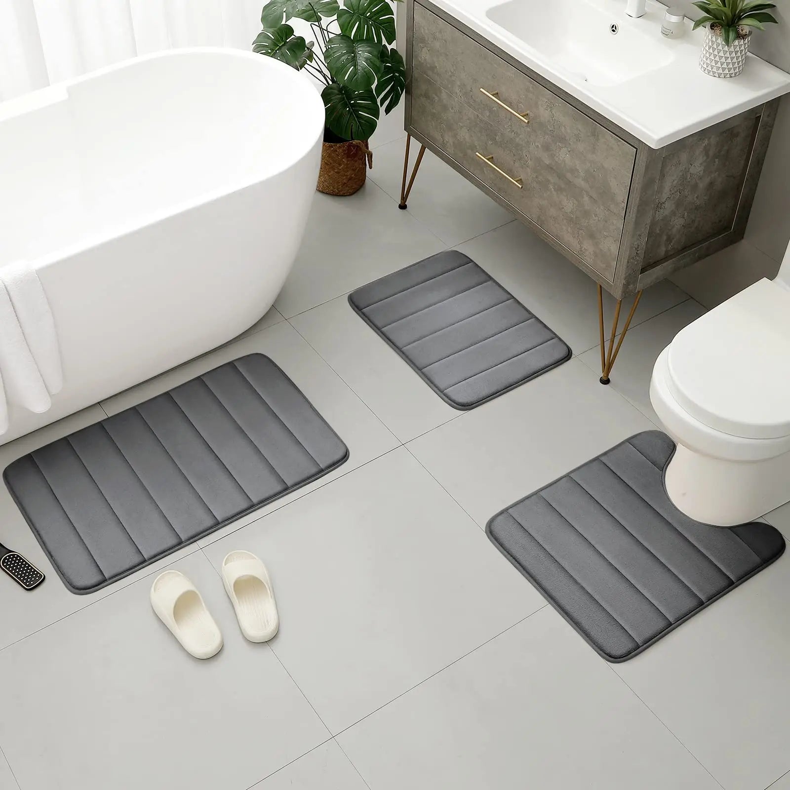 Velvet Memory Foam Bathroom Rug Set Of 3 Water Absorption Non Slip