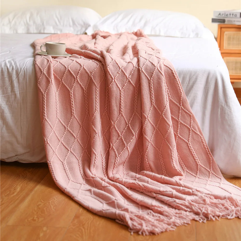 Khaki Gift Knitted Blanket with Tassels Chunky Vintage Luxury