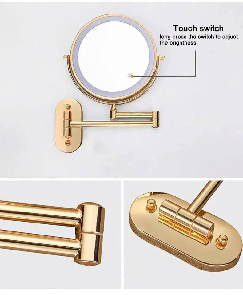 Golden Wall Mounted Folding Vanity Mirror, Double Sided with Fill Light