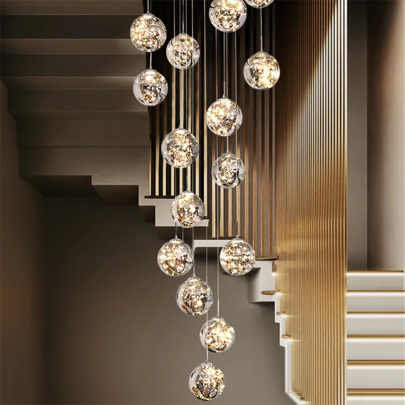 Cascading Glass Globe Chandelier, Staircase Suspension Light, view 5