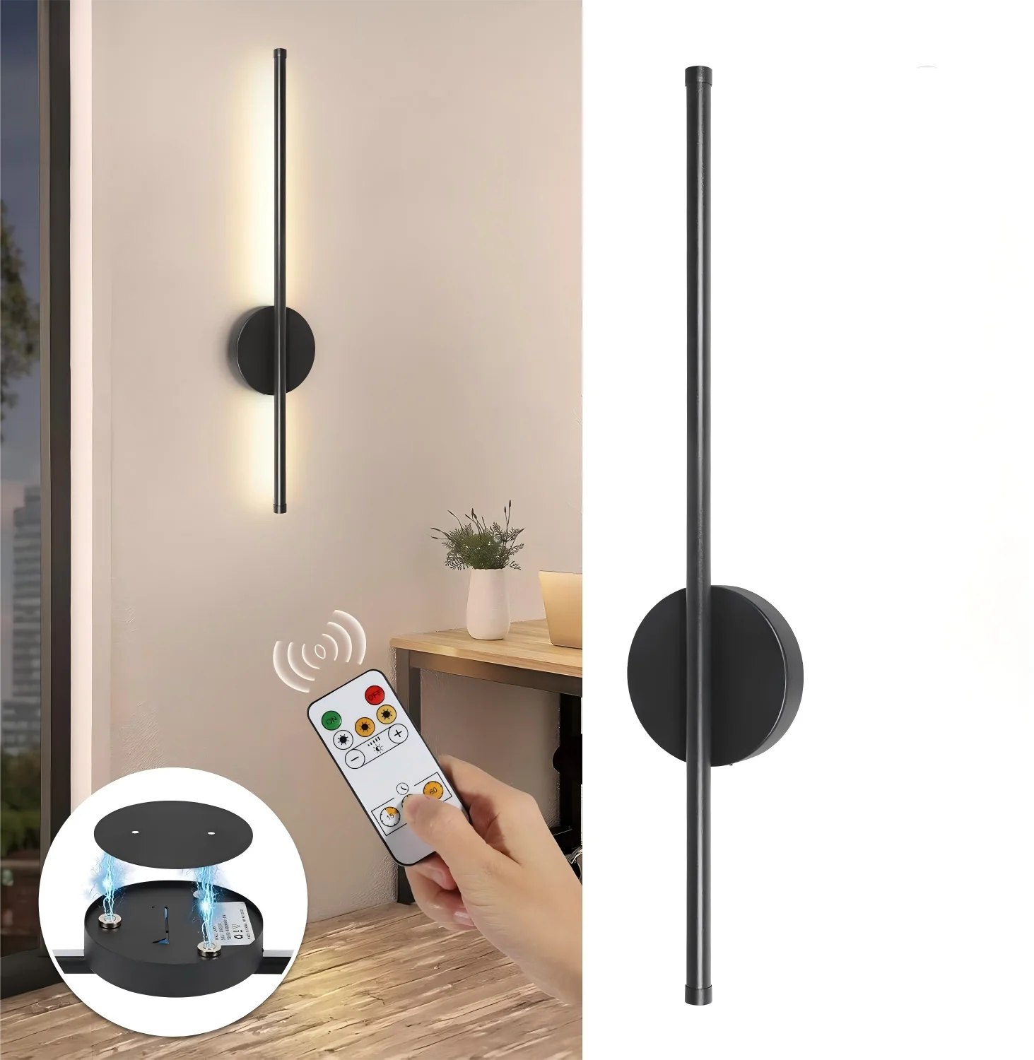 2PCS Battery Operated Wall Sconces Wireless Rechargeable Lamp Black