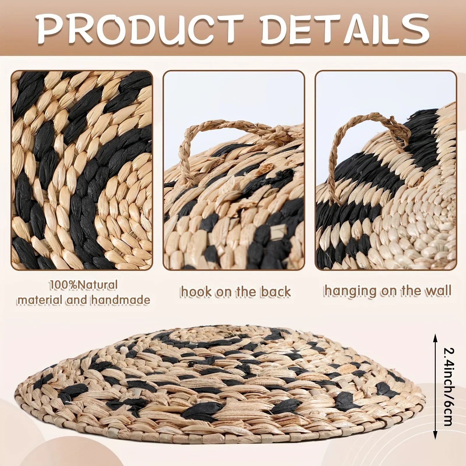Boho Chic Handcrafted Seagrass Wall Baskets, Rattan Woven Round