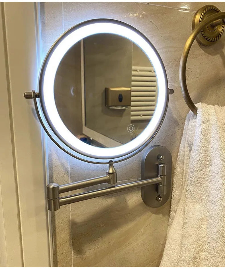 Golden Wall Mounted Folding Vanity Mirror, Double Sided with Fill Light