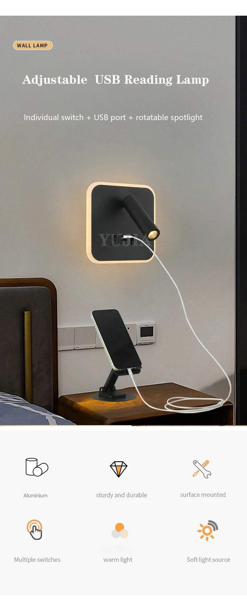 Modern Led Wall Sconce Reading Light 2 Switches Type-A & Type-C USB