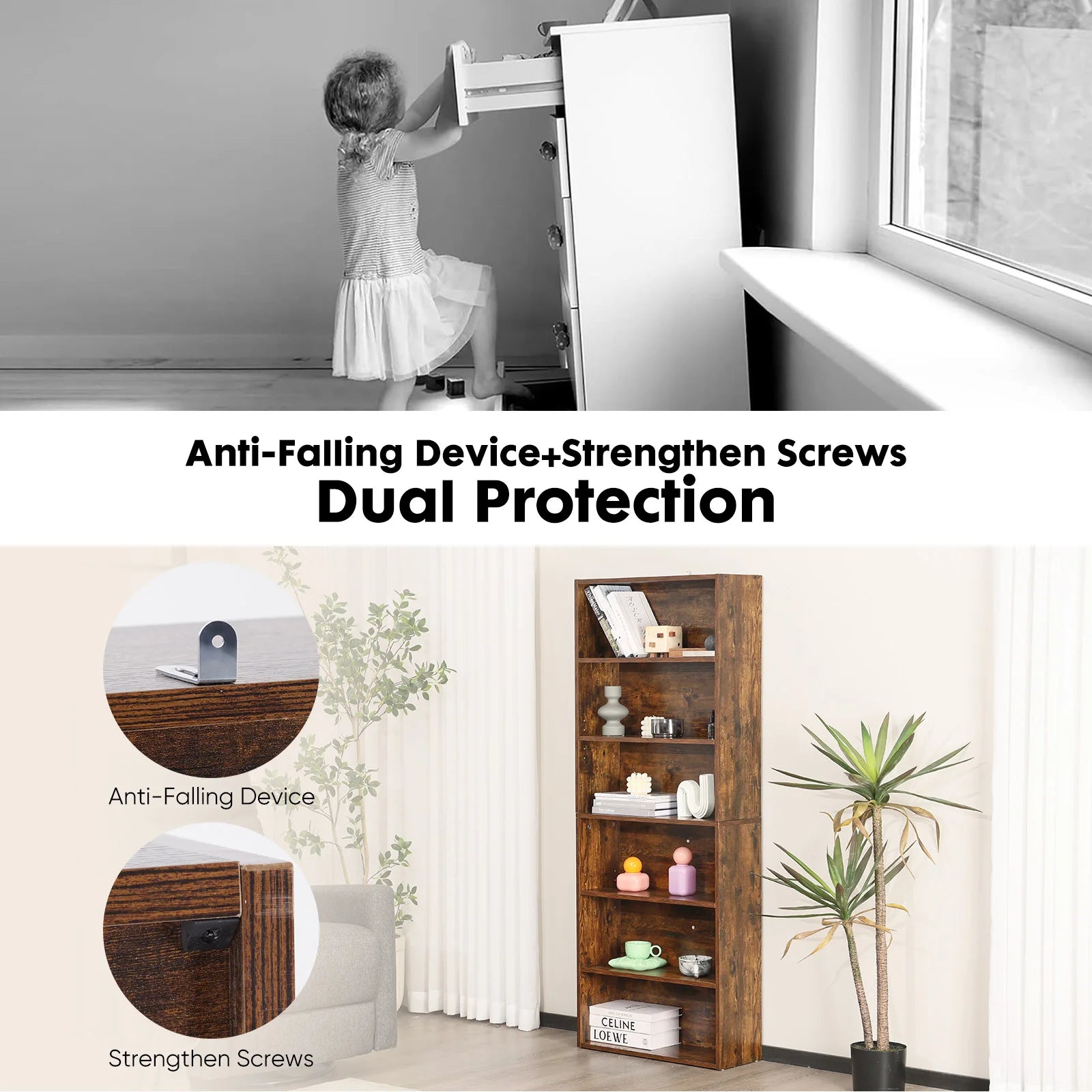 Six Tier Tall Wood Bookcase