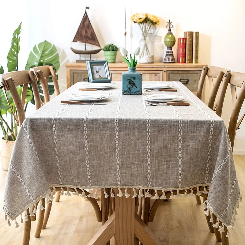 Cotton Linen Stripe Tassel Tablecloth Stain Resistant Dust-Proof Table