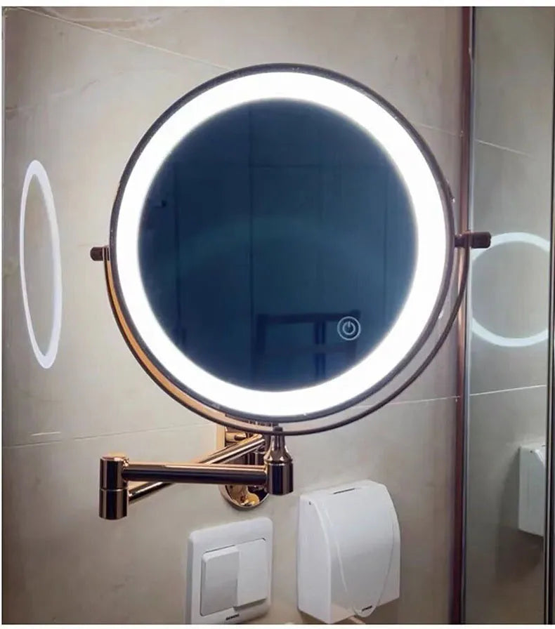 Golden Wall Mounted Folding Vanity Mirror, Double Sided with Fill Light