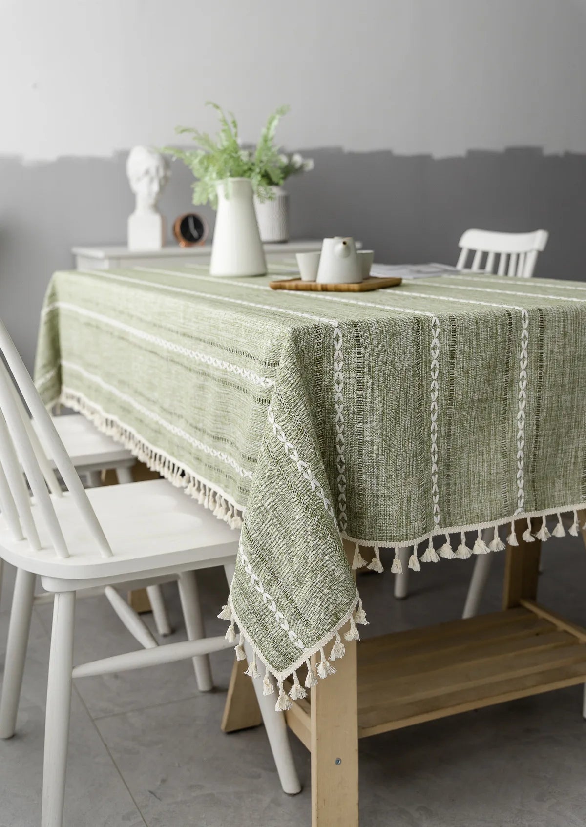 Cotton Linen Stripe Tassel Tablecloth Stain Resistant Dust-Proof Table