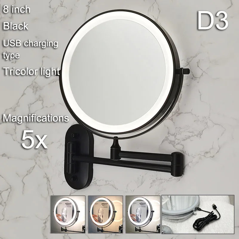Golden Wall Mounted Folding Vanity Mirror, Double Sided with Fill Light
