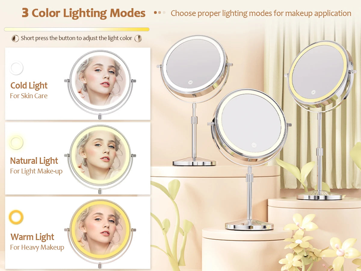 8 Inch 10X Magnifying Makeup Mirror with 3 Color Light