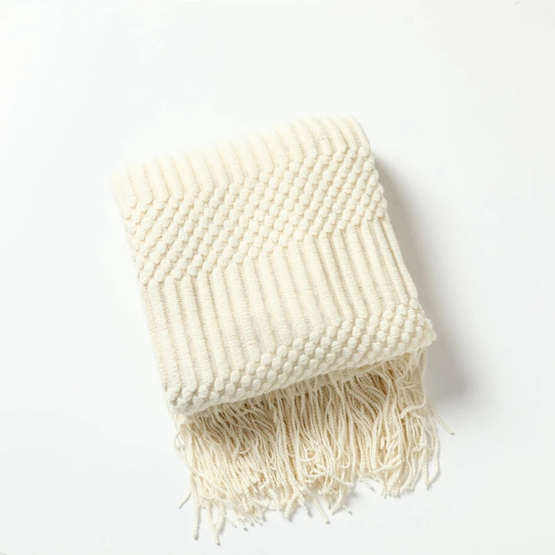 Khaki Gift Knitted Blanket with Tassels Chunky Vintage Luxury