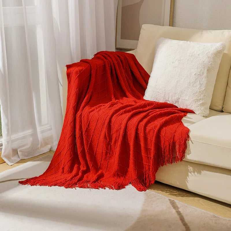 Khaki Gift Knitted Blanket with Tassels Chunky Vintage Luxury