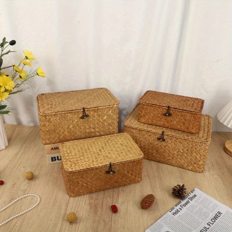 Handmade Straw Woven Vintage Storage Rack Basket Desktop Box