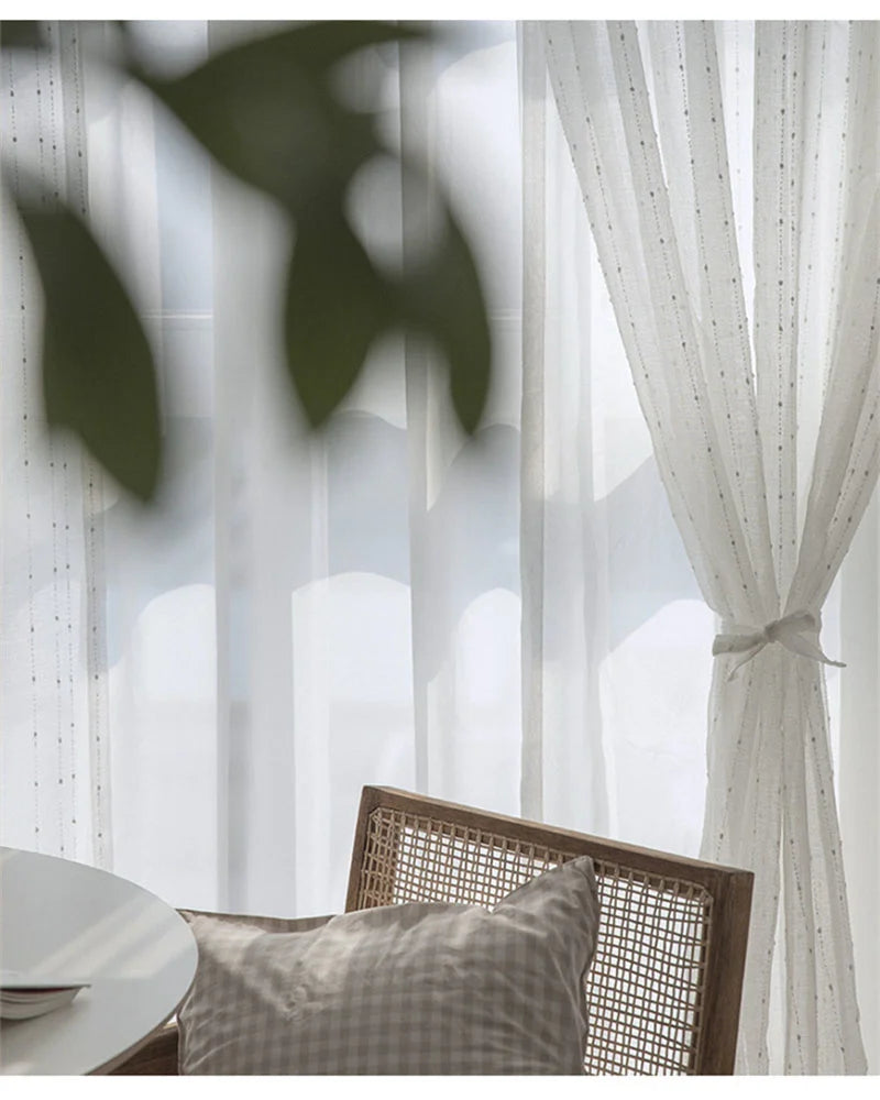 White Jacquard Window Screens Stripe Embroidered Curtains Tulle