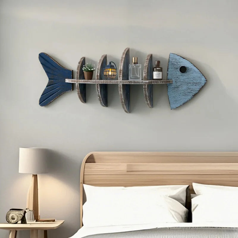 Nordic Style Wall Wooden Fish Row Shelf Decorative Pendant Wall
