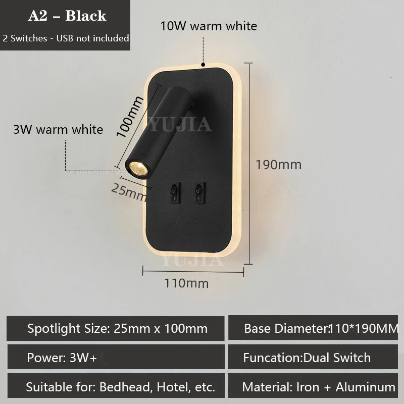 Modern Led Wall Sconce Reading Light 2 Switches Type-A & Type-C USB