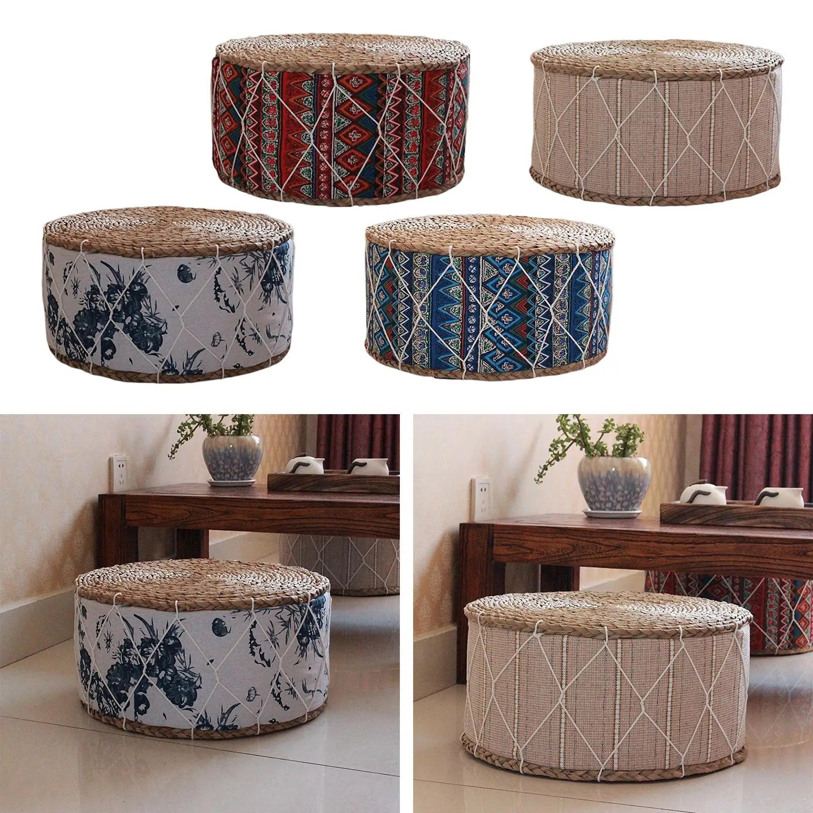 Straw Futon Pouf Floor Cushion Woven Straw Pouf Tatami Cushion Zafu Floor Cushion Mat Yoga Meditation Seat Durable Furniture